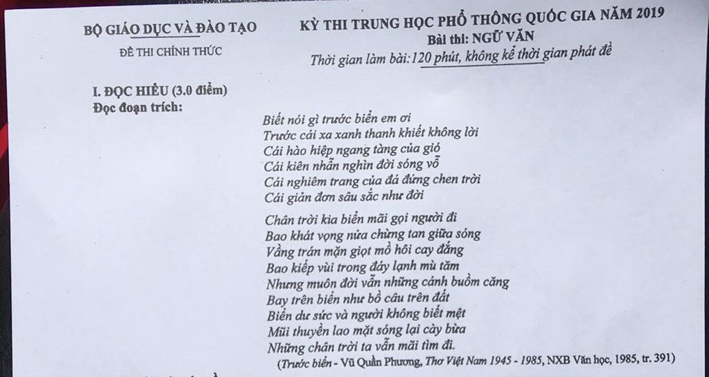 Thi THPT quốc gia 2019: Đề thi văn ra "Ai đã đặt tên cho dòng sông?"