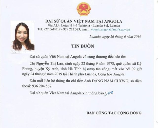 Một nữ lao động Việt bị cướp s&aacute;t hại khi đang cầm t&uacute;i tiền tại Angola - Ảnh 1.