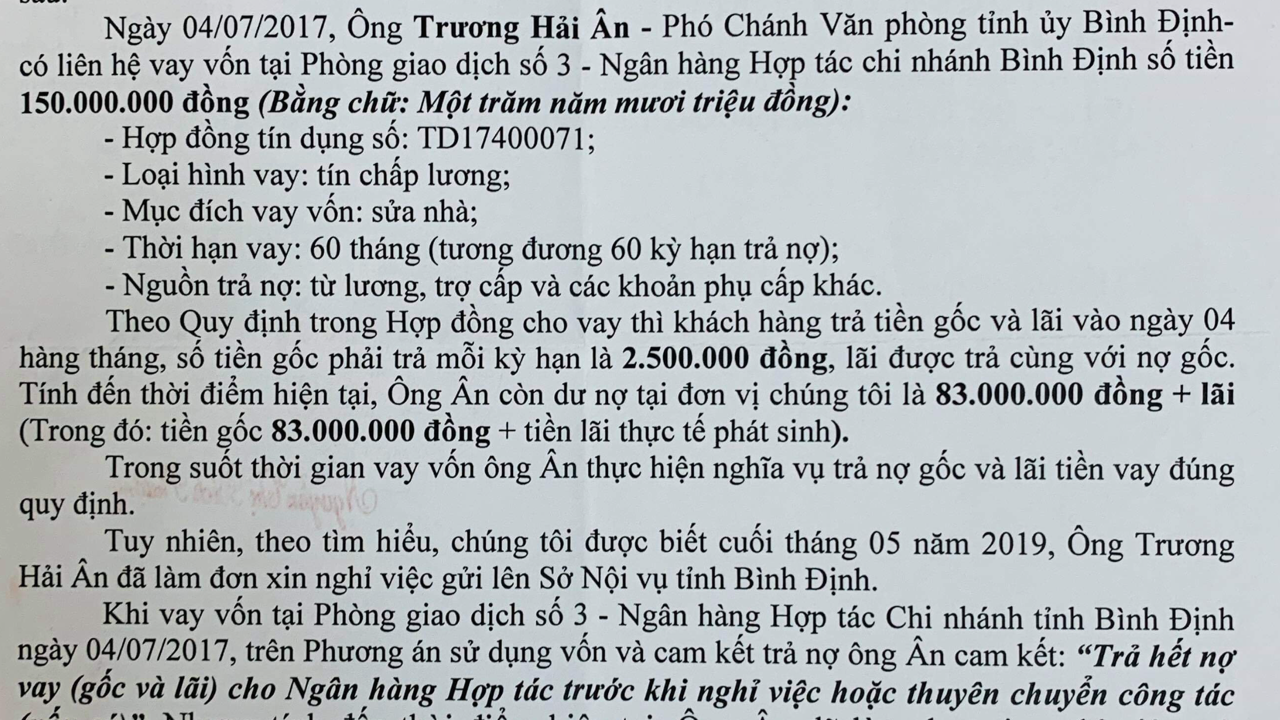Ph&oacute; gi&aacute;m đốc Sở LĐ-TB-XH B&igrave;nh Định bị tố nợ nần: Ng&acirc;n h&agrave;ng nhờ thu hồi tiền vay! - Ảnh 1.