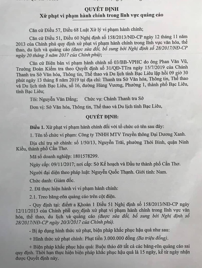 Phạt c&ocirc;ng ty truyền th&ocirc;ng quảng c&aacute;o &ldquo;Khu đ&ocirc; thị Bạc Li&ecirc;u City&rdquo; - Ảnh 2.