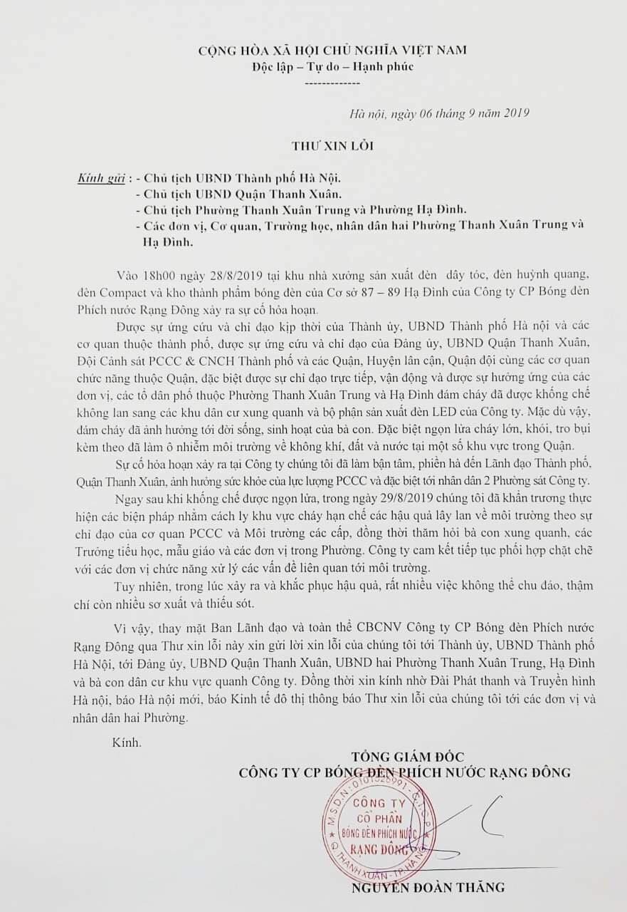 C&ocirc;ng ty Rạng Đ&ocirc;ng gửi thư xin lỗi về vụ hỏa hoạn - Ảnh 2.