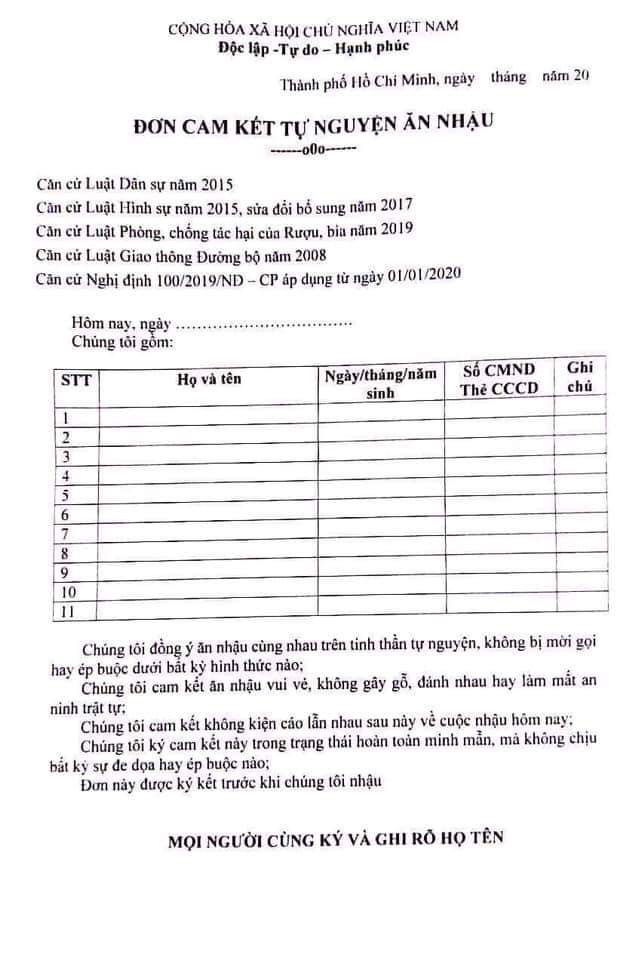 Đơn cam kết tự nguyện ăn nhậu: Thực tế chứ chẳng đùa! - Ảnh 1.