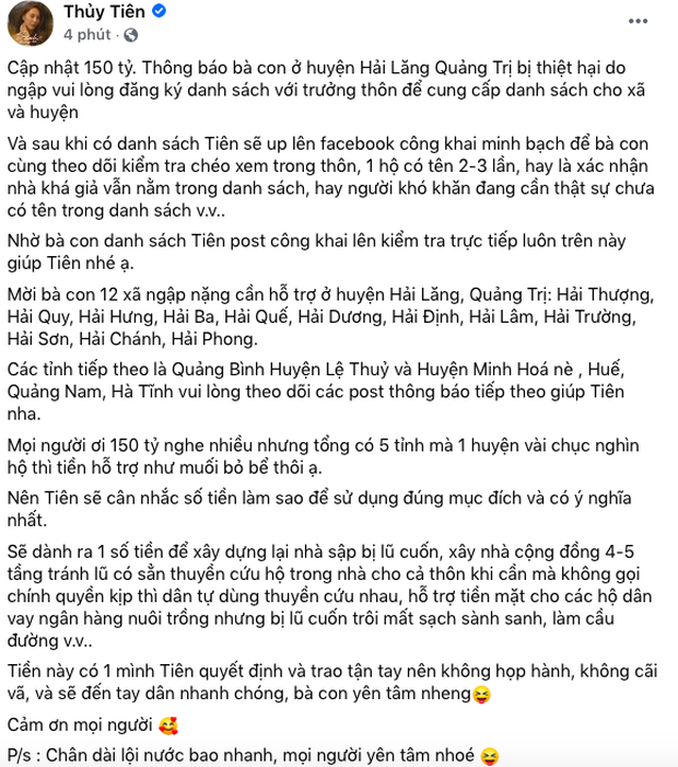 Thủy Ti&ecirc;n nhận được 150 tỉ, th&ocirc;ng b&aacute;o kế hoạch cứu trợ miền Trung - Ảnh 2.