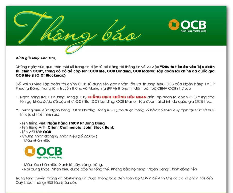 Ngân hàng Phương Đông khẳng định không liên quan tới “Tập đoàn tài chính OCB”