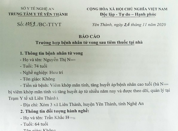Cụ bà 74 tuổi tử vong sau khi năn nỉ nhờ hàng xóm tiêm thuốc giảm đau