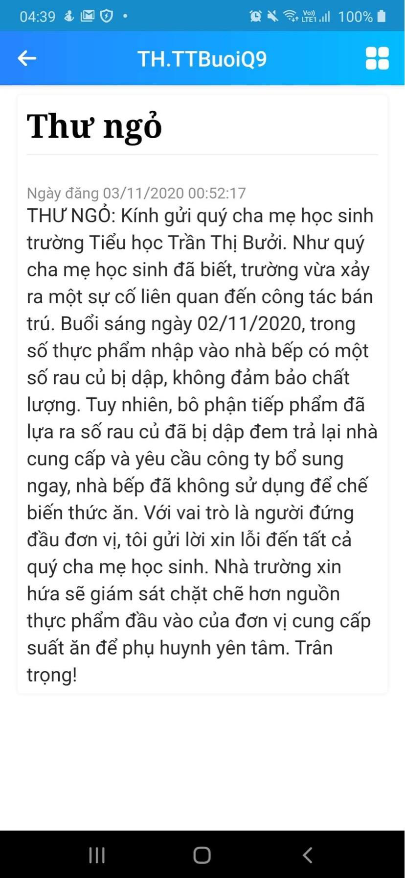 Vụ phụ huynh bật kh&oacute;c khi chứng kiến bữa ăn b&aacute;n tr&uacute;: Hiệu trưởng nhắn tin xin lỗi - Ảnh 2.