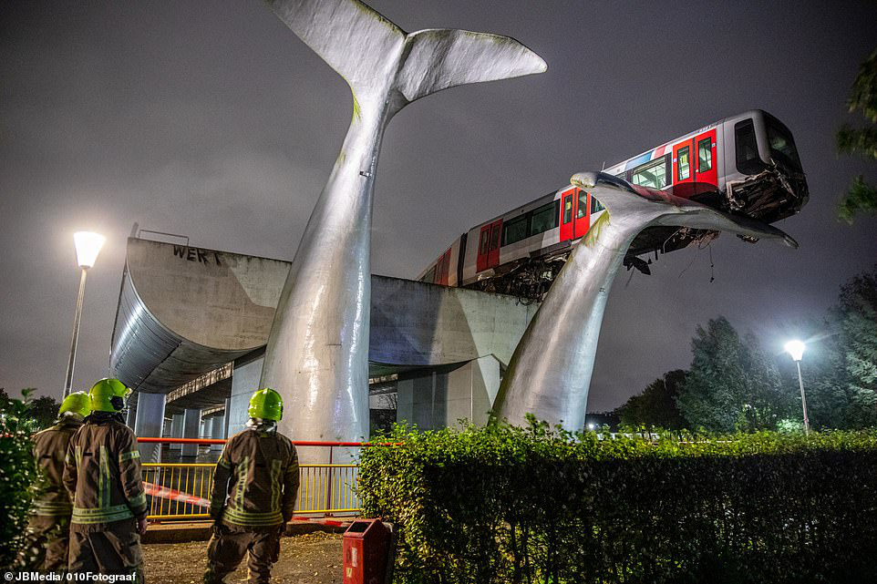 T&agrave;u metro lao qua r&agrave;o chắn, nằm vắt vẻo tr&ecirc;n đu&ocirc;i c&aacute; voi - Ảnh 1.