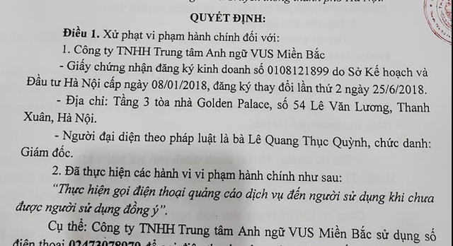 Trung tâm Anh ngữ bị phạt vì gọi điện quảng cáo