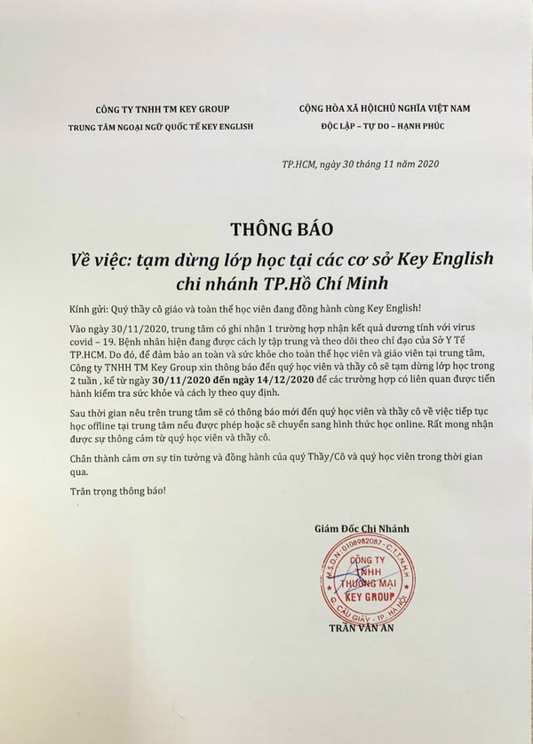 Trung t&acirc;m Ngoại ngữ quốc tế Key English tạm dừng 6 cơ sở ở TP HCM v&igrave; bệnh nh&acirc;n Covid-19 số 1347 - Ảnh 1.