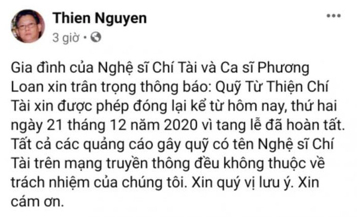 Gia đ&igrave;nh cố nghệ sĩ Ch&iacute; T&agrave;i dừng nhận tiền g&acirc;y quỹ hỗ trợ miền Trung - Ảnh 2.