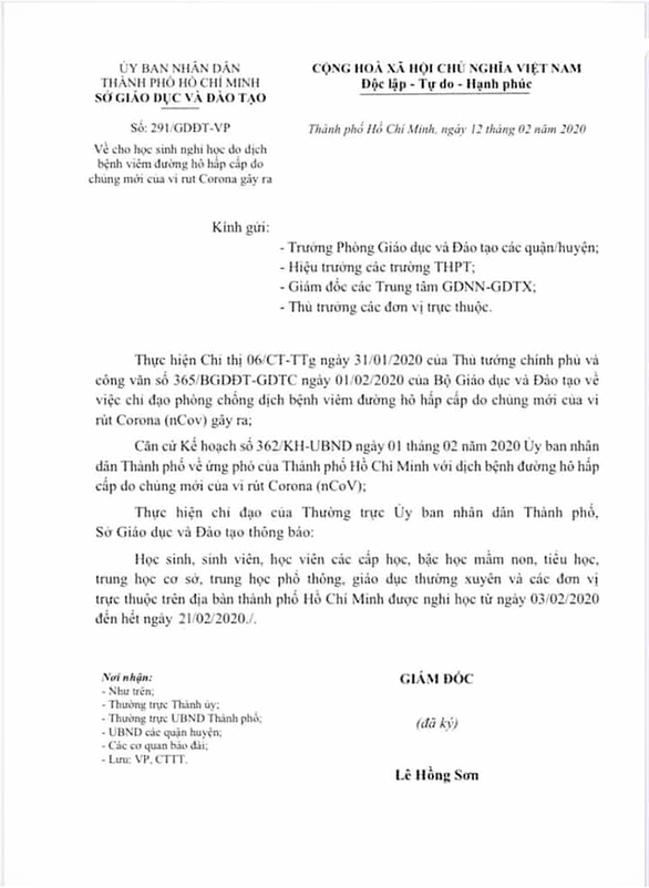 Văn bản TP HCM cho học sinh tiếp tục nghỉ học là giả mạo