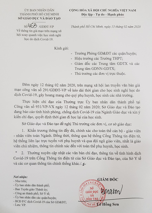 UBND TP HCM yêu cầu công an điều tra vụ giả mạo văn bản nghỉ học - Ảnh 2.