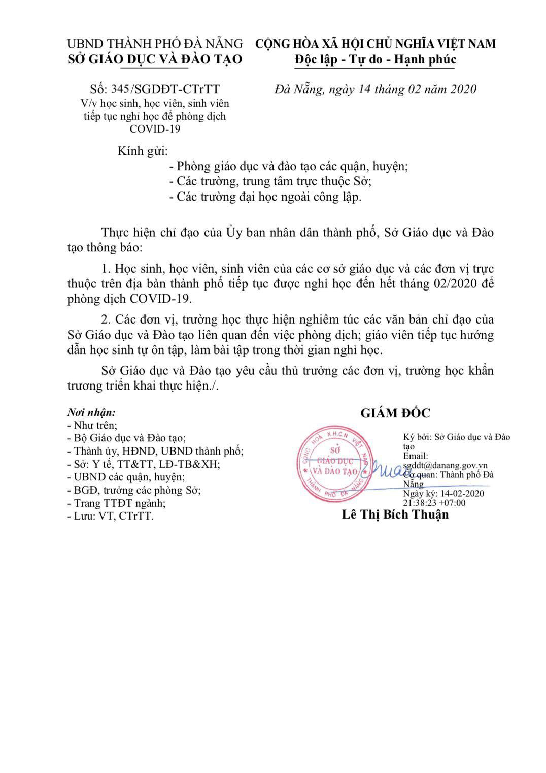 Đà Nẵng ra công văn khẩn cho học sinh nghỉ học đến hết tháng 2