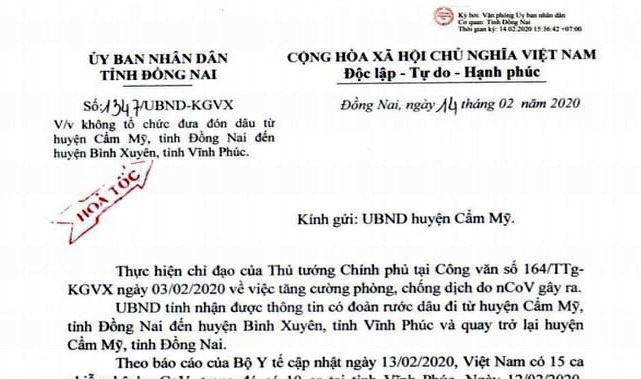 Một đám cưới ở Đồng Nai không tổ chức ra Vĩnh Phúc đón dâu để phòng chống dịch