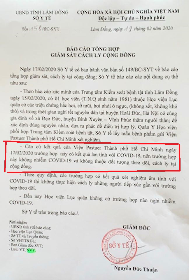 Trường hợp nghi nhiễm dịch Covid-2019 ở L&acirc;m Đồng đ&atilde; c&oacute; kết quả &acirc;m t&iacute;nh - Ảnh 1.