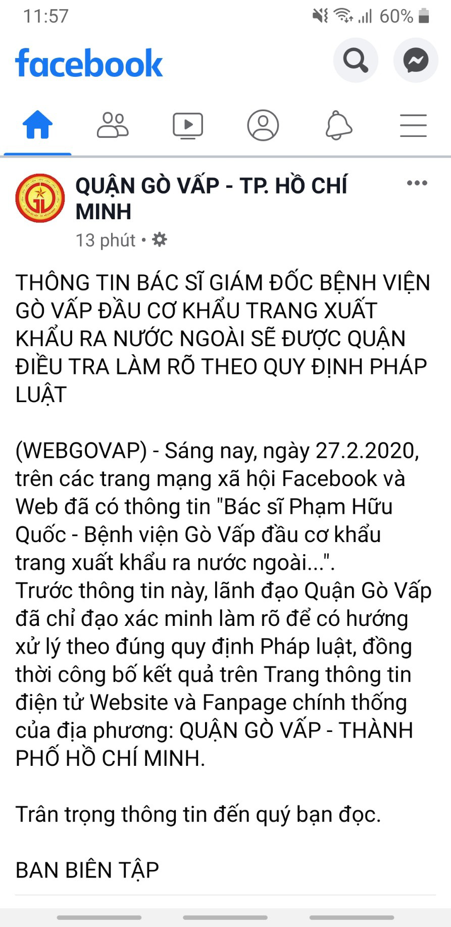 Xác minh thông tin giám đốc Bệnh viện Gò Vấp bị tố đầu cơ khẩu trang