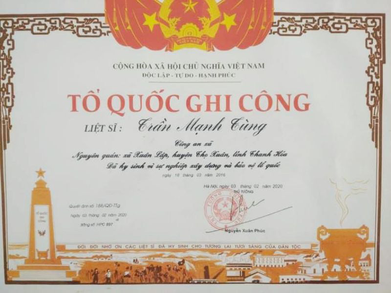 Phó trưởng công an xã bị kẻ say rượu đâm tử vong lúc làm nhiệm vụ được công nhận liệt sĩ