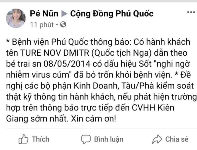 Phú Quốc: Không có chuyện 3 du khách Nga nhiễm cúm, trốn khỏi bệnh viện