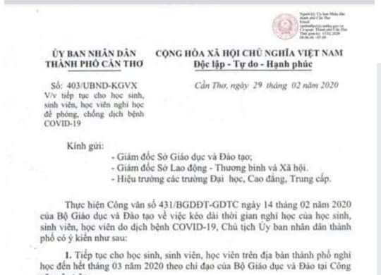 Cần Thơ: Xác minh, xử lý thông tin giả mạo việc cho học sinh nghỉ hết tháng 3-2020