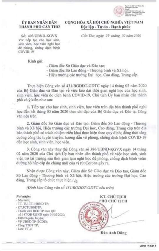 T&igrave;m ra người giả mạo c&ocirc;ng văn của UBND TP Cần Thơ về việc cho nghỉ học hết th&aacute;ng 3 - Ảnh 2.