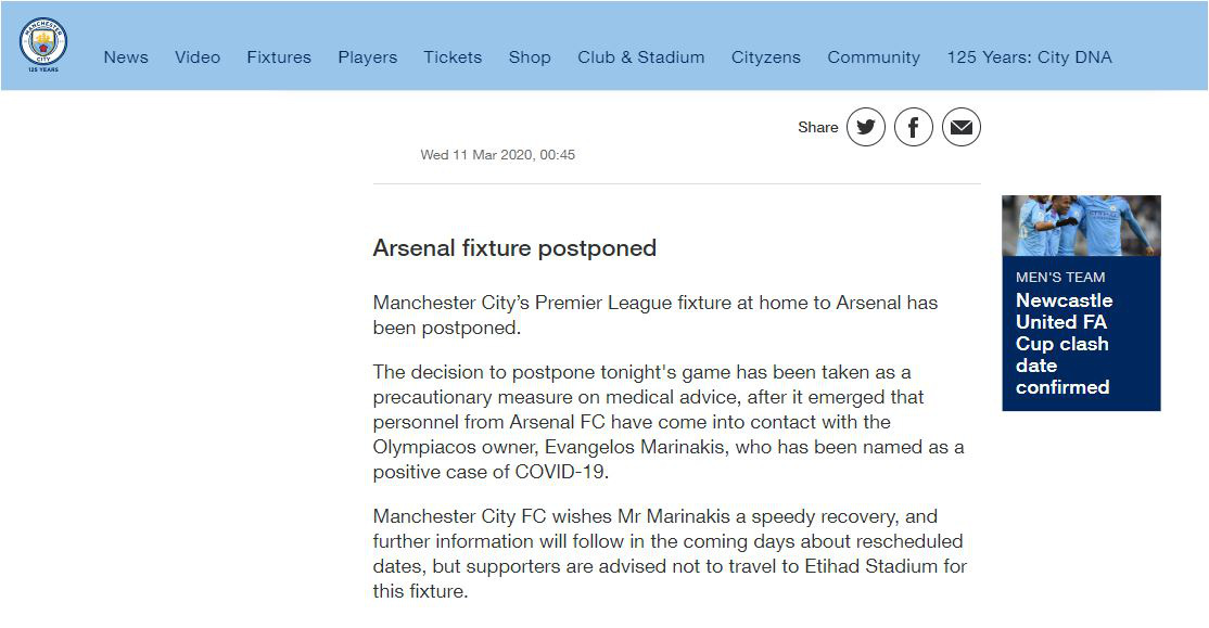 Ho&atilde;n trận đại chiến Man City - Arsenal v&igrave; Covid-19 - Ảnh 2.
