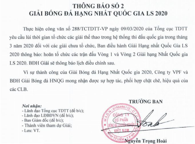 Tạm hoãn Giải hạng Nhất quốc gia 2020 vì lo ngại Covid-19