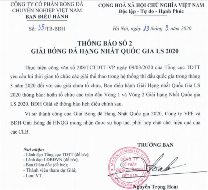 Tạm hoãn Giải hạng Nhất quốc gia 2020 vì lo ngại Covid-19 - Ảnh 1.