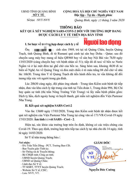 Người đàn ông Quảng Bình bay cùng bệnh nhân thứ 51, âm tính với Covid-19 - Ảnh 1.