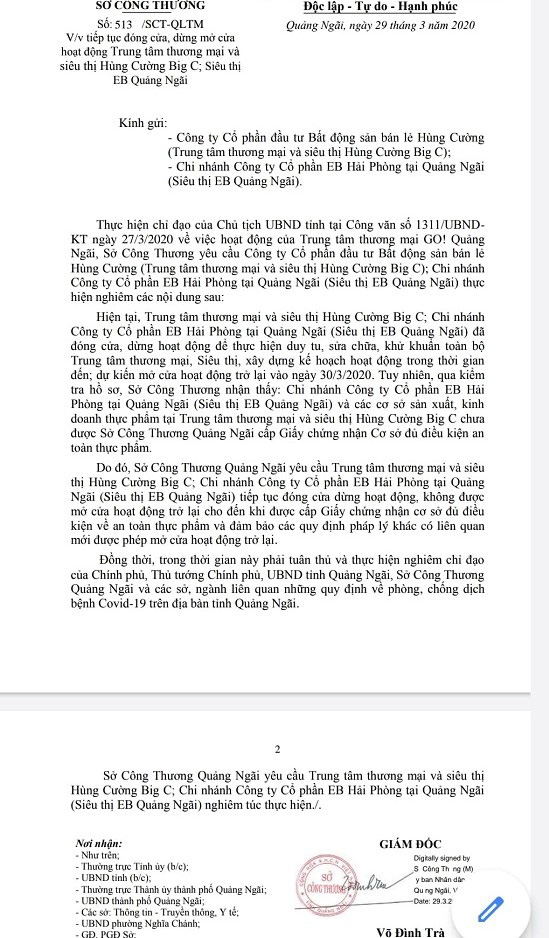 Yêu cầu siêu thị Big C Go Quảng Ngãi tiếp tục đóng cửa sau khi khai trương - Ảnh 1.
