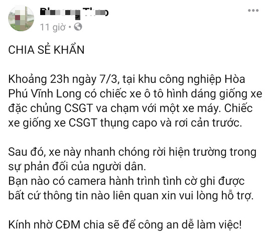 CSGT Vĩnh Long l&ecirc;n tiếng khi bị tố g&acirc;y tai nạn rồi bỏ trốn - Ảnh 1.