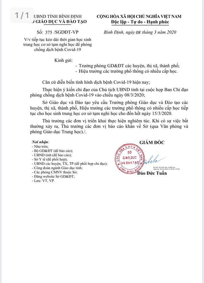 3 ngày, Bình Định 3 lần điều chỉnh cho học sinh nghỉ học để phòng chống dịch
