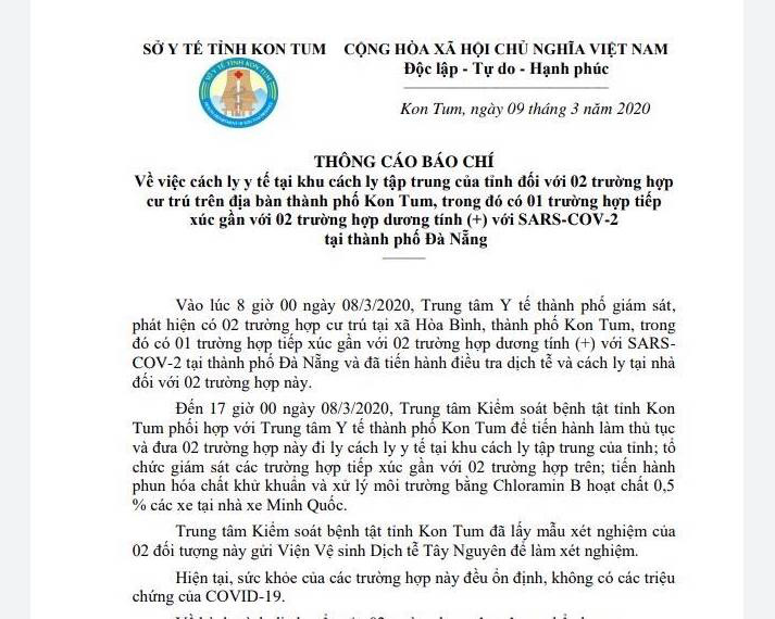 Kon Tum cách ly 2 trường hợp tiếp xúc gần với người mắc Covid-19 ở Đà Nẵng
