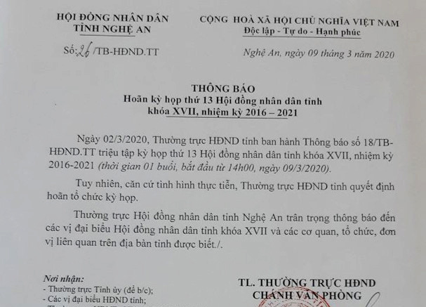 Dịch Covid-19 diễn biến phức tạp, Nghệ An hoãn kỳ họp bất thường HĐND tỉnh