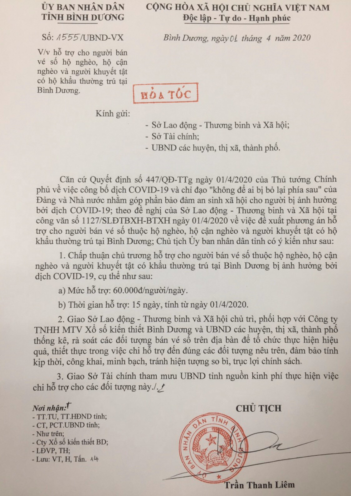 Bình Dương hỗ trợ người bán vé số, người khuyết tật 60.000 đồng/ngày