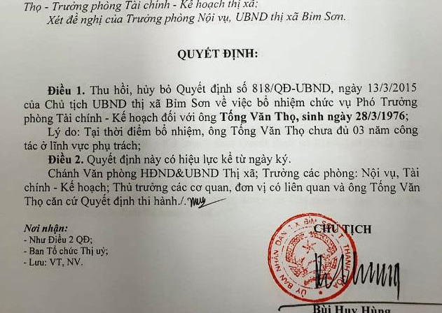 Hủy 2 quyết định bổ nhiệm "thần tốc" một Trưởng phòng ở Thanh Hóa