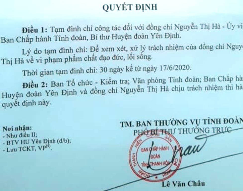 Tạm đ&igrave;nh chỉ c&ocirc;ng t&aacute;c nữ b&iacute; thư huyện đo&agrave;n vi phạm đạo đức, lối sống - Ảnh 1.