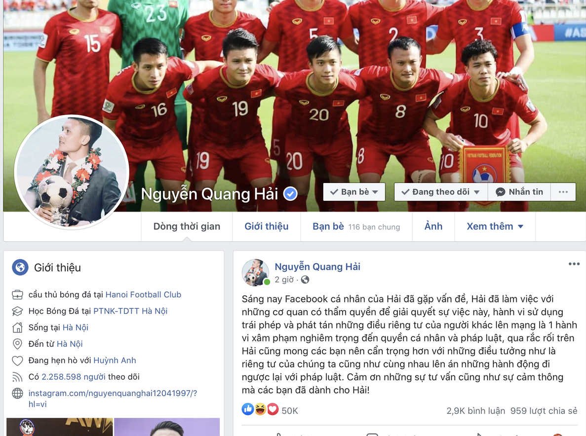 Facebook bị hack, lộ nhiều chuyện riêng tư, Quang Hải cầu cứu an ninh mạng