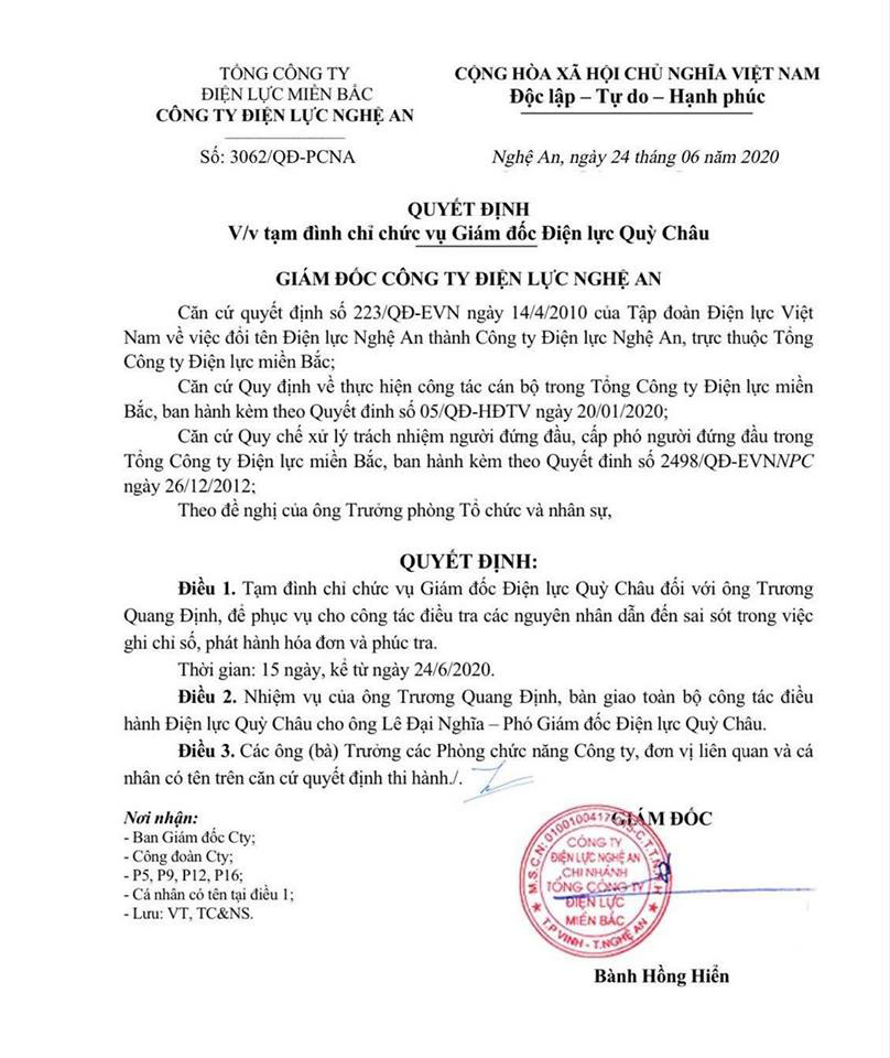 Vụ tiền điện 500.000 đồng ghi h&oacute;a đơn 16 triệu: Tạm đ&igrave;nh chỉ gi&aacute;m đốc điện lực - Ảnh 1.
