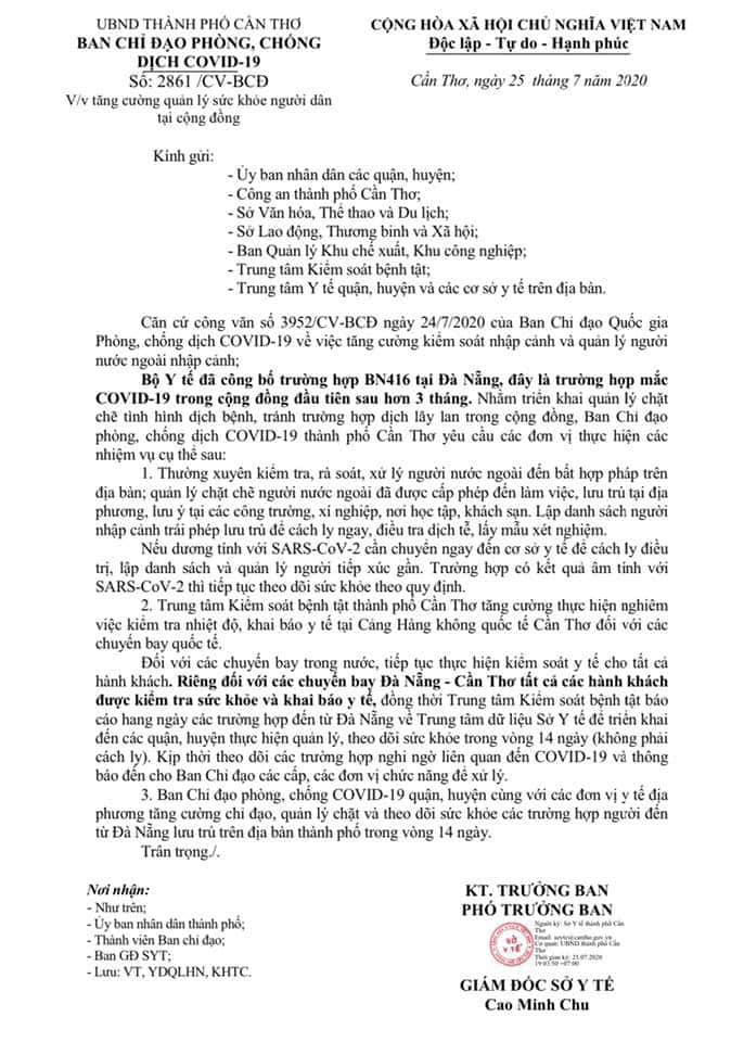 Cần Thơ: Yêu cầu quản lý chặt người đến từ Đà Nẵng để phòng Covid-19