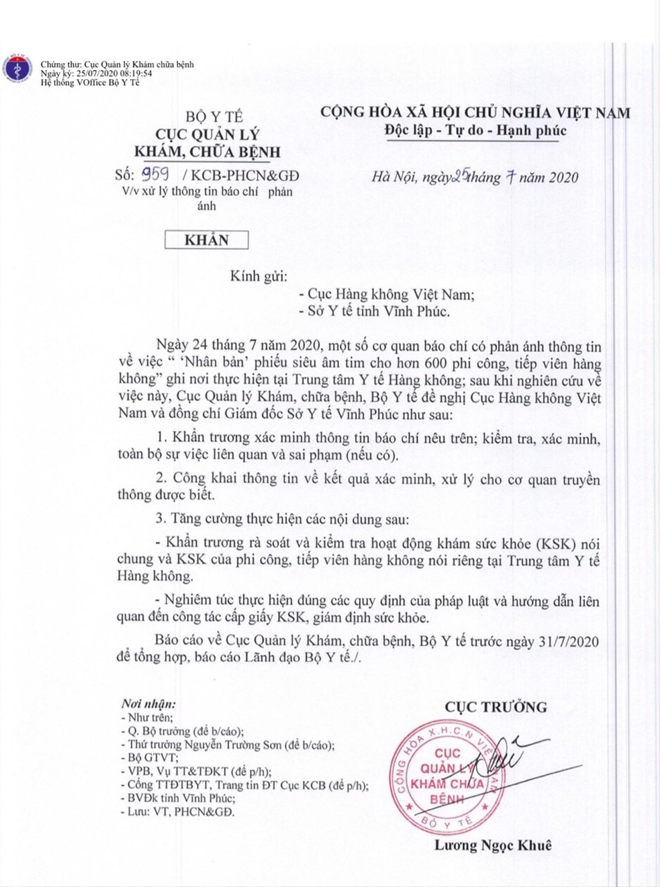 Bộ Y tế y&ecirc;u cầu b&aacute;o c&aacute;o việc nh&acirc;n bản phiếu si&ecirc;u &acirc;m tim cho phi c&ocirc;ng, tiếp vi&ecirc;n - Ảnh 1.