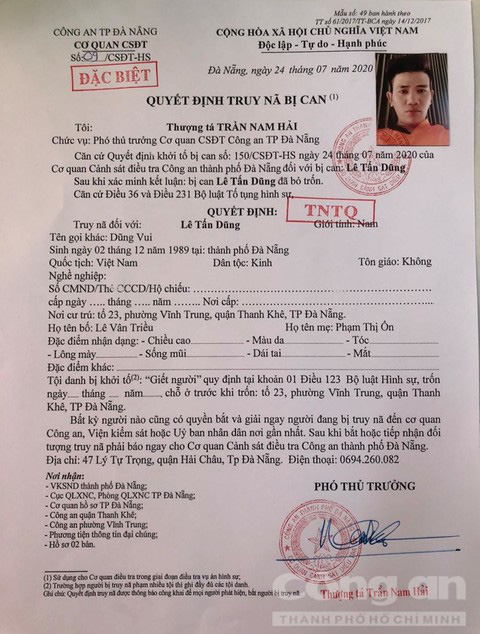 C&ocirc;ng an Đ&agrave; Nẵng k&ecirc;u gọi người d&acirc;n ph&aacute;t hiện th&igrave; lập tức bắt giữ đối tượng L&ecirc; Tấn Dũng  - Ảnh 3.