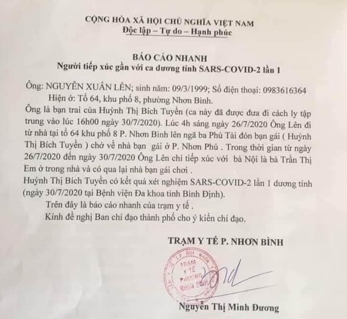Bình Định: Báo cáo của trạm y tế phường nói có người dương tính với SARS-CoV-2 là sai sự thật