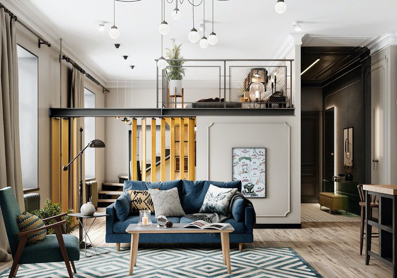 Nhờ c&oacute; g&aacute;c lửng, căn hộ 70m2 trở n&ecirc;n rộng v&agrave; tho&aacute;ng thấy r&otilde; - Ảnh 1.