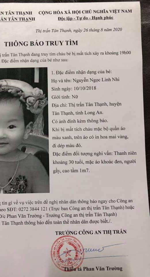Sự thật vụ bé gái 2 tuổi ở Long An bị mất tích lan truyền trên mạng xã hội