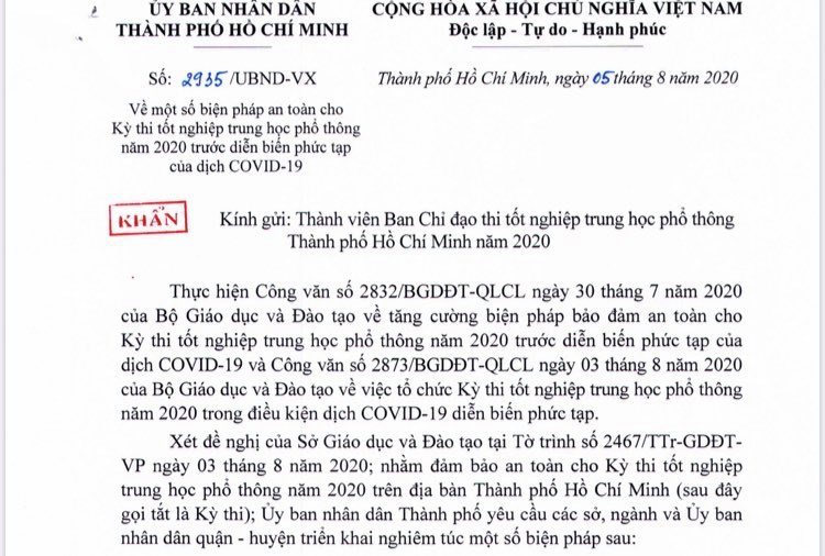 UBND TP HCM chỉ đạo khẩn: Nhân sự diện F0, F1, F2 không được tham gia kỳ thi tốt nghiệp THPT
