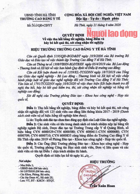 125 học vi&ecirc;n cao đẳng li&ecirc;n th&ocirc;ng ng&agrave;nh y ở Quảng B&igrave;nh bất ngờ bị thu hồi bằng tốt nghiệp - Ảnh 2.