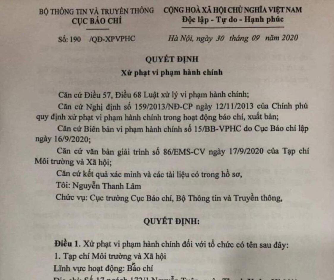Phạt Tạp chí Môi trường và Xã hội 50 triệu đồng vì đăng thông tin sai sự thật về Bí thư Đắk Lắk
