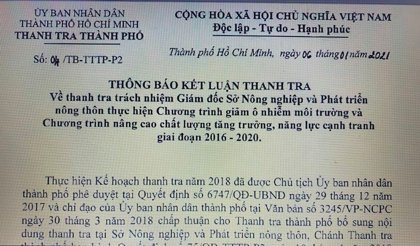 Kết luận thanh tra về tr&aacute;ch nhiệm Gi&aacute;m đốc Sở NN & PTNT TP HCM - Ảnh 1.
