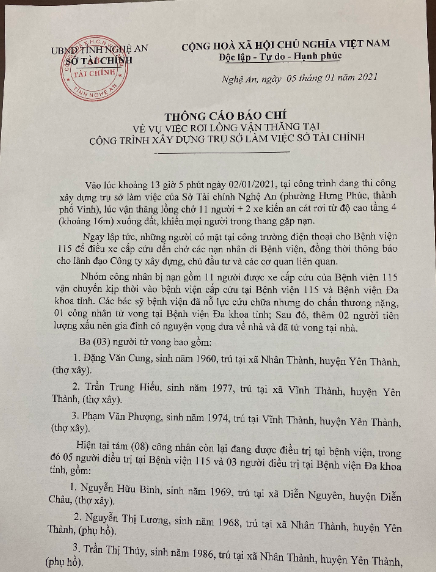 Sở T&agrave;i ch&iacute;nh Nghệ An, th&ocirc;ng tin ch&iacute;nh thức vụ rơi lồng vận thăng khiến 11 người thương vong - Ảnh 1.