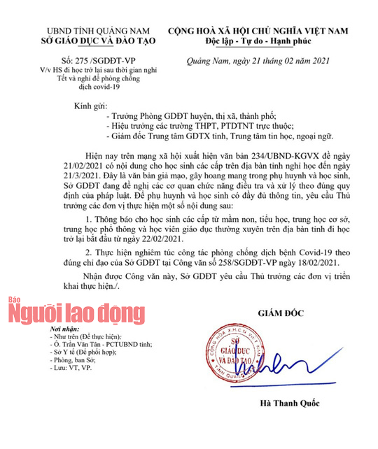 Học sinh Quảng Nam đi học trở lại, c&ocirc;ng an điều tra văn bản giả mạo - Ảnh 2.